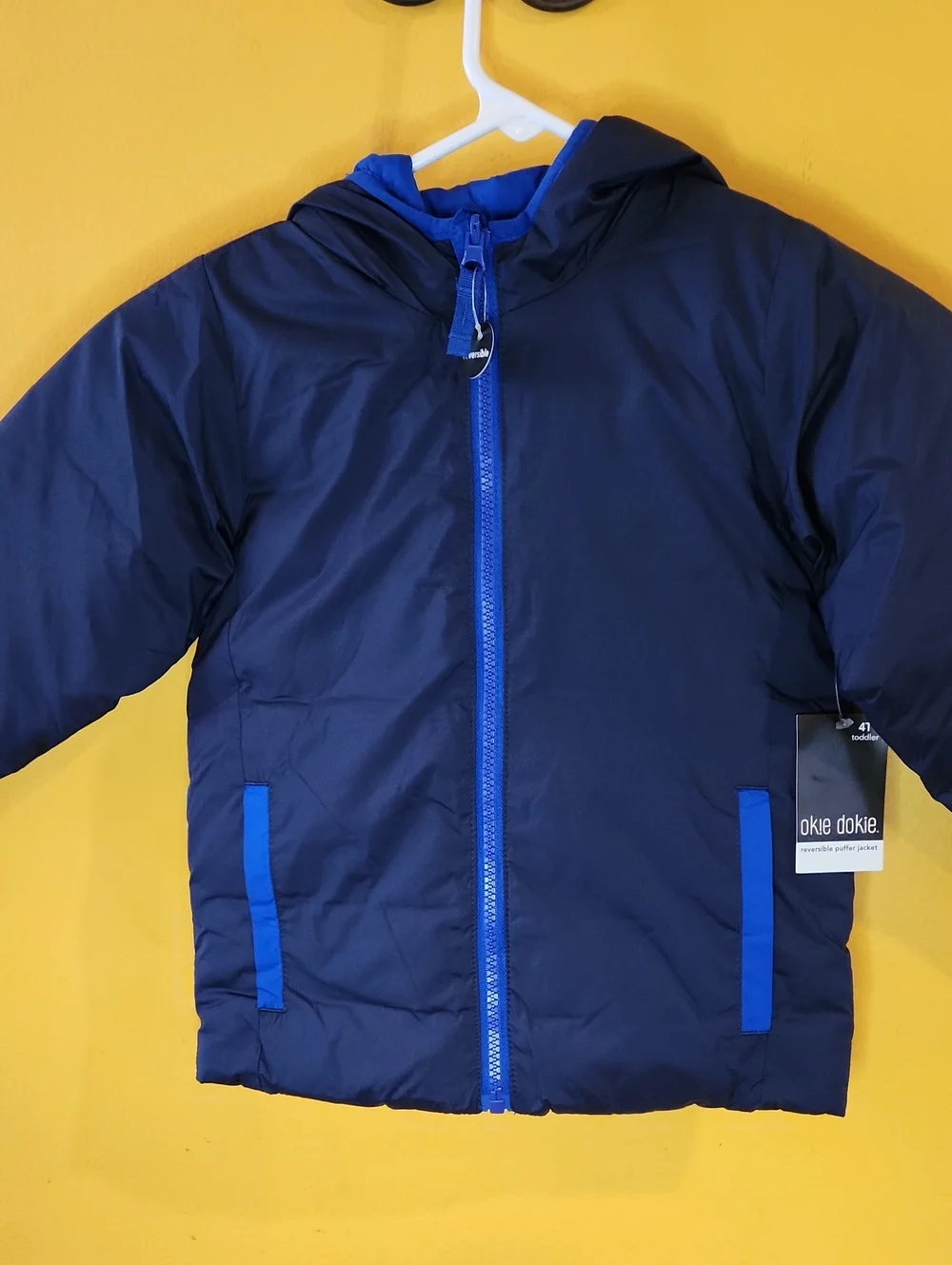 okie dokie Navy with Royal Blue Trim Hooded Puffer
